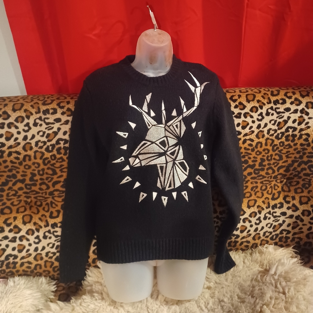 Uber RARE 5cm Luxe Streetwear Wool Sweater w/ Embroidered Geometric Deer Design